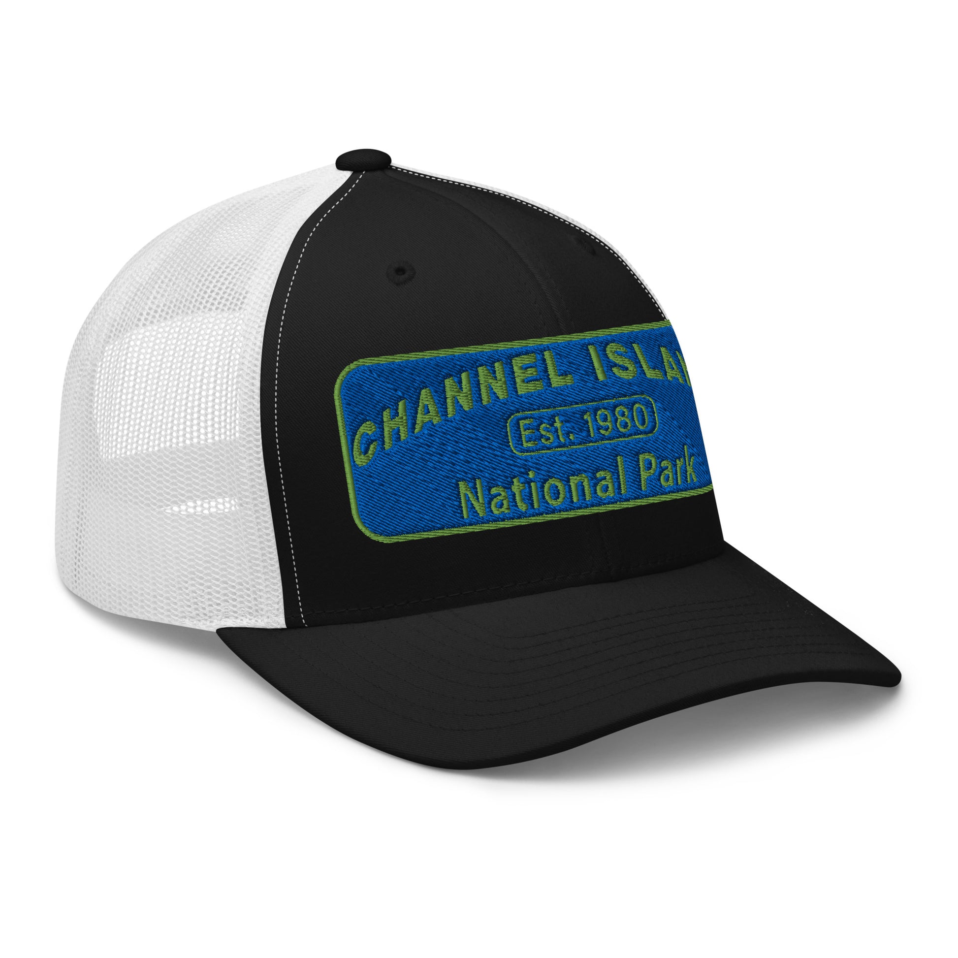 Channel Islands National Park Hat - Blue and Green Embroidered Patch on Front of hat - Yupoong 6606 Trucker Hat - Side View - Color: Black/White