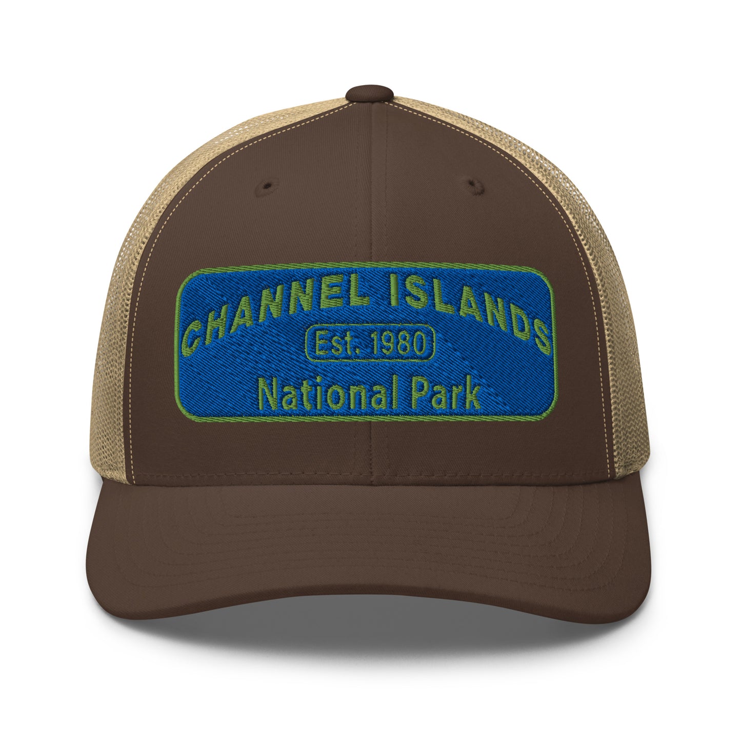 Channel Islands National Park Hat - Blue and Green Embroidered Patch on Front of hat - Yupoong 6606 Trucker Hat - Front View - Color: Brown/Khaki