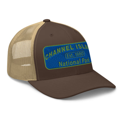 Channel Islands National Park Hat - Blue and Green Embroidered Patch on Front of hat - Yupoong 6606 Trucker Hat - Side View - Color: Brown/Khaki