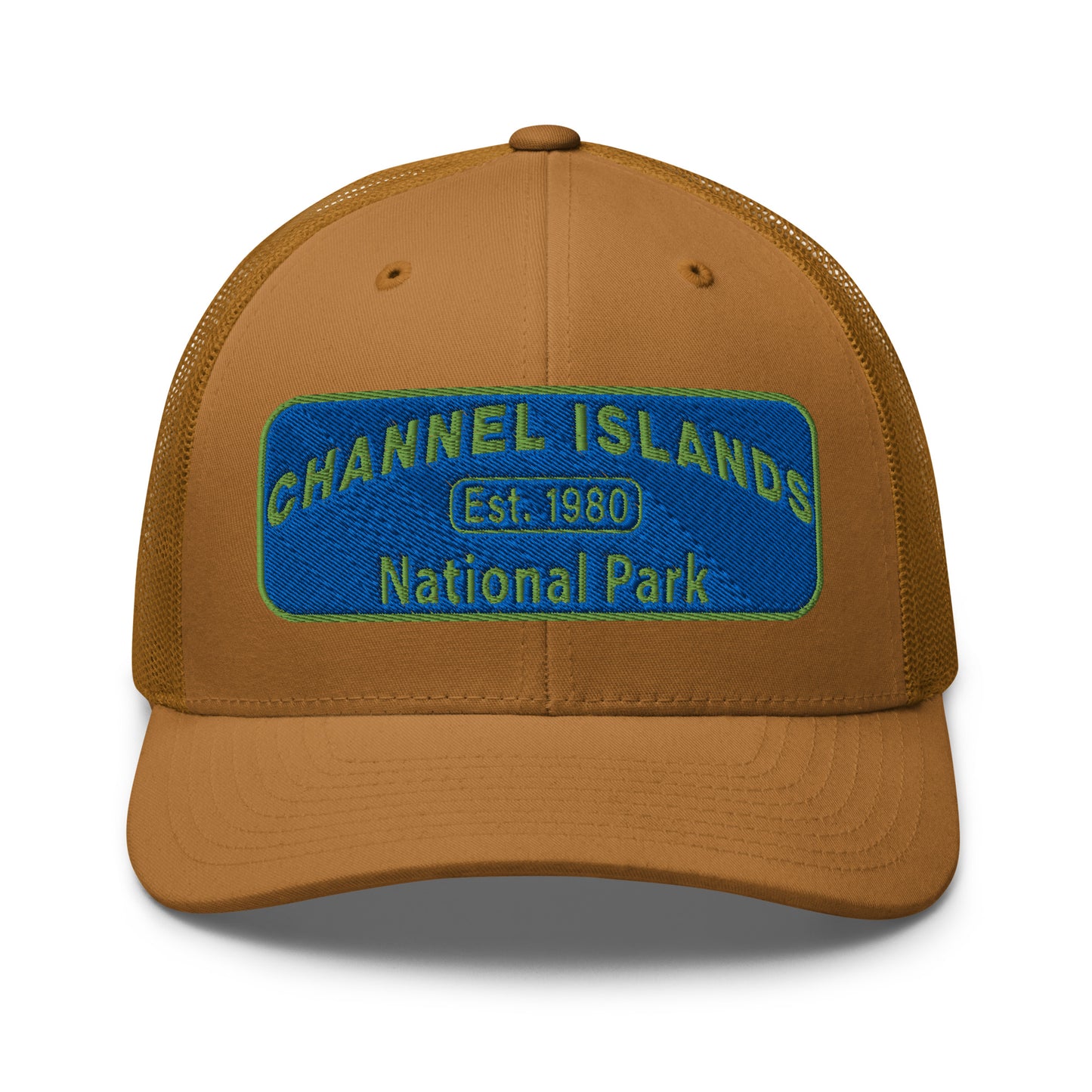 Channel Islands National Park Hat - Blue and Green Embroidered Patch on Front of hat - Yupoong 6606 Trucker Hat - Front View - Color: Caramel