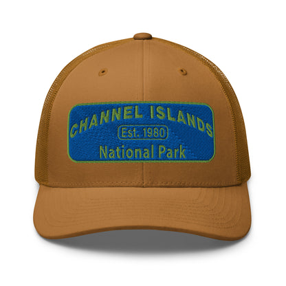 Channel Islands National Park Hat - Blue and Green Embroidered Patch on Front of hat - Yupoong 6606 Trucker Hat - Front View - Color: Caramel