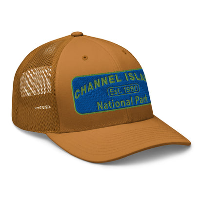 Channel Islands National Park Hat - Blue and Green Embroidered Patch on Front of hat - Yupoong 6606 Trucker Hat - Side View - Color: Caramel