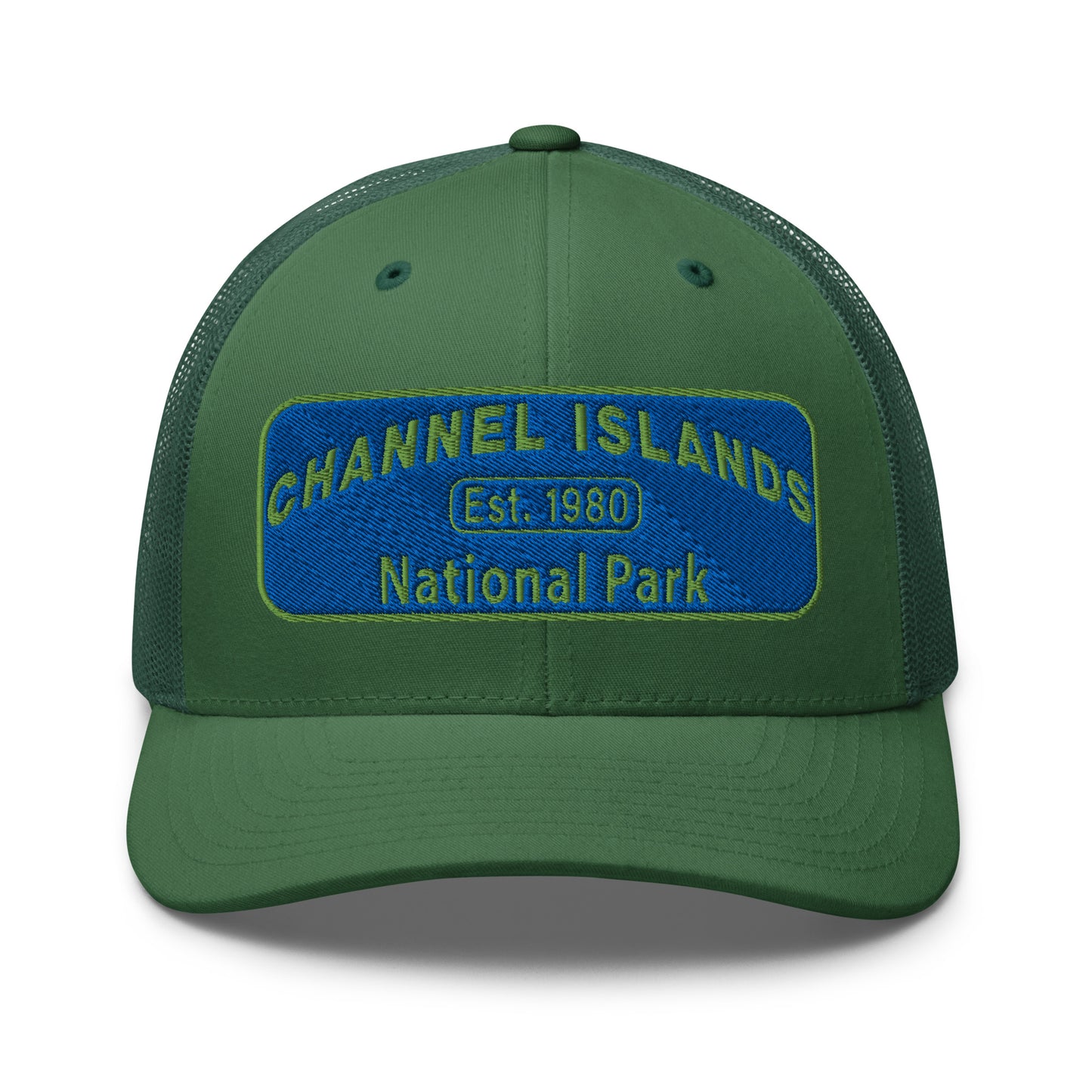 Channel Islands National Park Hat - Blue and Green Embroidered Patch on Front of hat - Yupoong 6606 Trucker Hat - Front View - Color: Evergreen