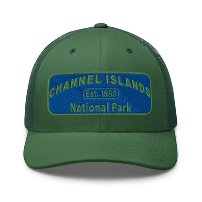 Channel Islands National Park Hat - Blue and Green Embroidered Patch on Front of hat - Yupoong 6606 Trucker Hat - Front View - Color: Evergreen
