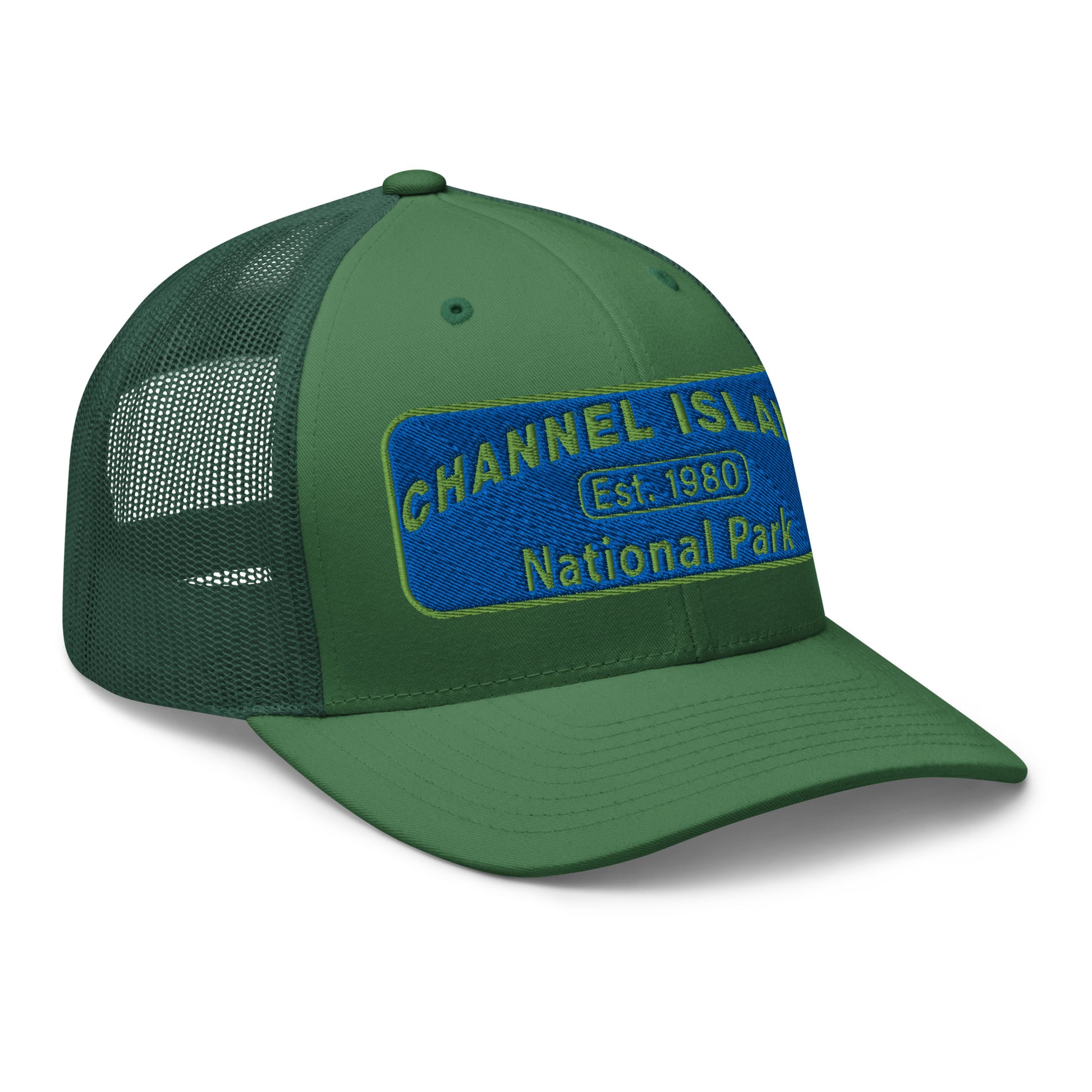 Channel Islands National Park Hat - Blue and Green Embroidered Patch on Front of hat - Yupoong 6606 Trucker Hat - Side View - Color: Evergreen