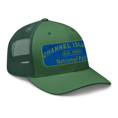 Channel Islands National Park Hat - Blue and Green Embroidered Patch on Front of hat - Yupoong 6606 Trucker Hat - Side View - Color: Evergreen