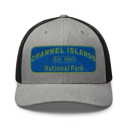 Channel Islands National Park Hat - Blue and Green Embroidered Patch on Front of hat - Yupoong 6606 Trucker Hat - Front View - Color: Heather/Black