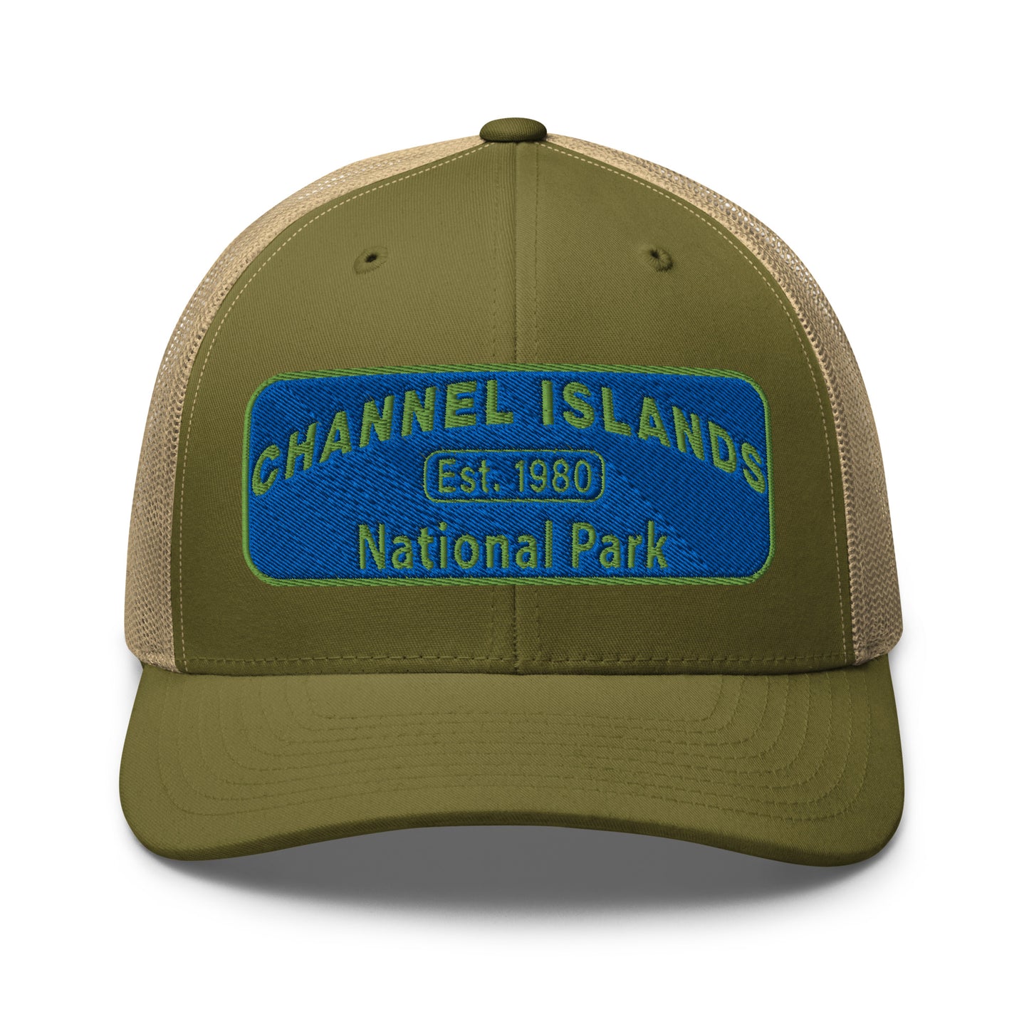 Channel Islands National Park Hat - Blue and Green Embroidered Patch on Front of hat - Yupoong 6606 Trucker Hat - Front View - Color: Moss Green/Khaki