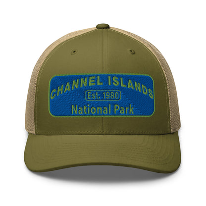 Channel Islands National Park Hat - Blue and Green Embroidered Patch on Front of hat - Yupoong 6606 Trucker Hat - Front View - Color: Moss Green/Khaki