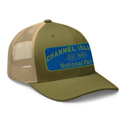 Channel Islands National Park Hat - Blue and Green Embroidered Patch on Front of hat - Yupoong 6606 Trucker Hat - Side View - Color: Moss Green/Khaki