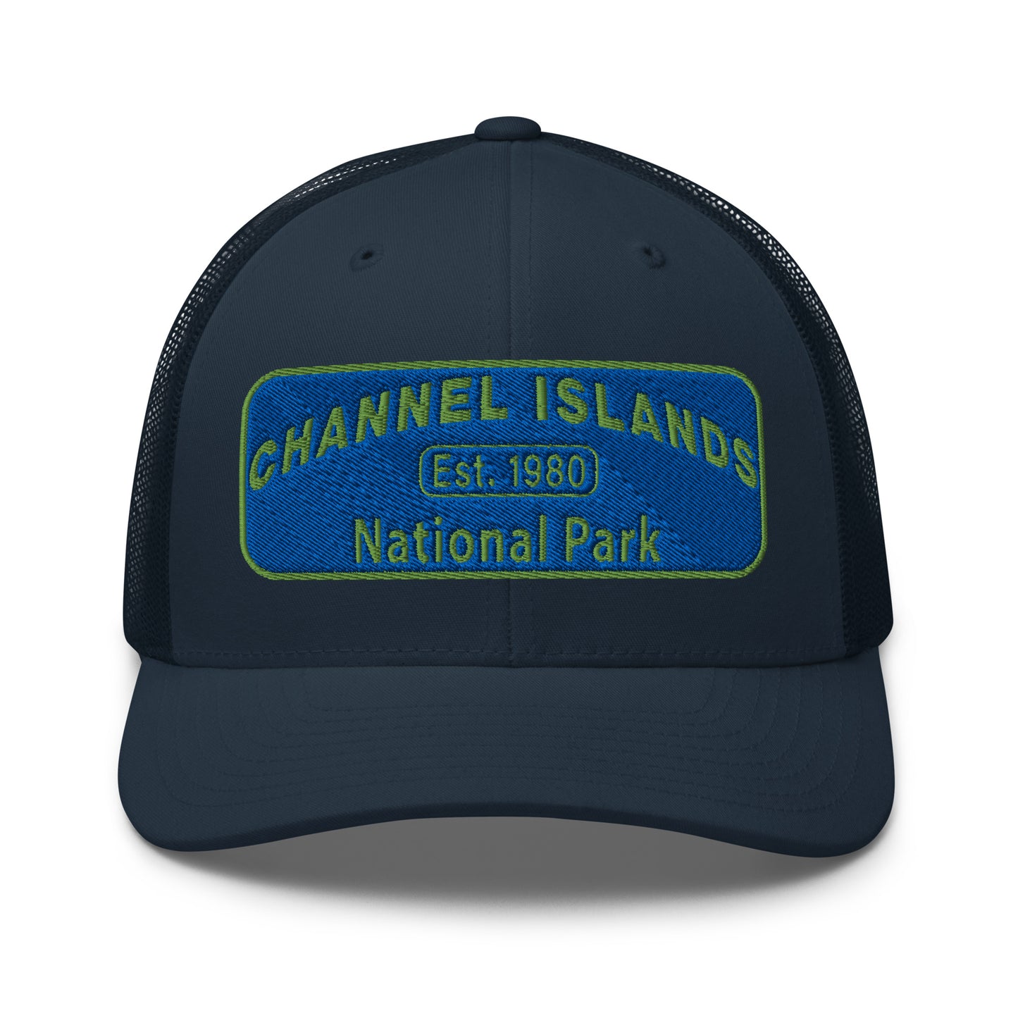 Channel Islands National Park Hat - Blue and Green Embroidered Patch on Front of hat - Yupoong 6606 Trucker Hat - Front View - Color: Navy