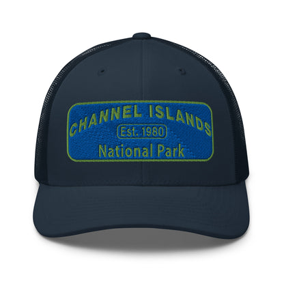 Channel Islands National Park Hat - Blue and Green Embroidered Patch on Front of hat - Yupoong 6606 Trucker Hat - Front View - Color: Navy