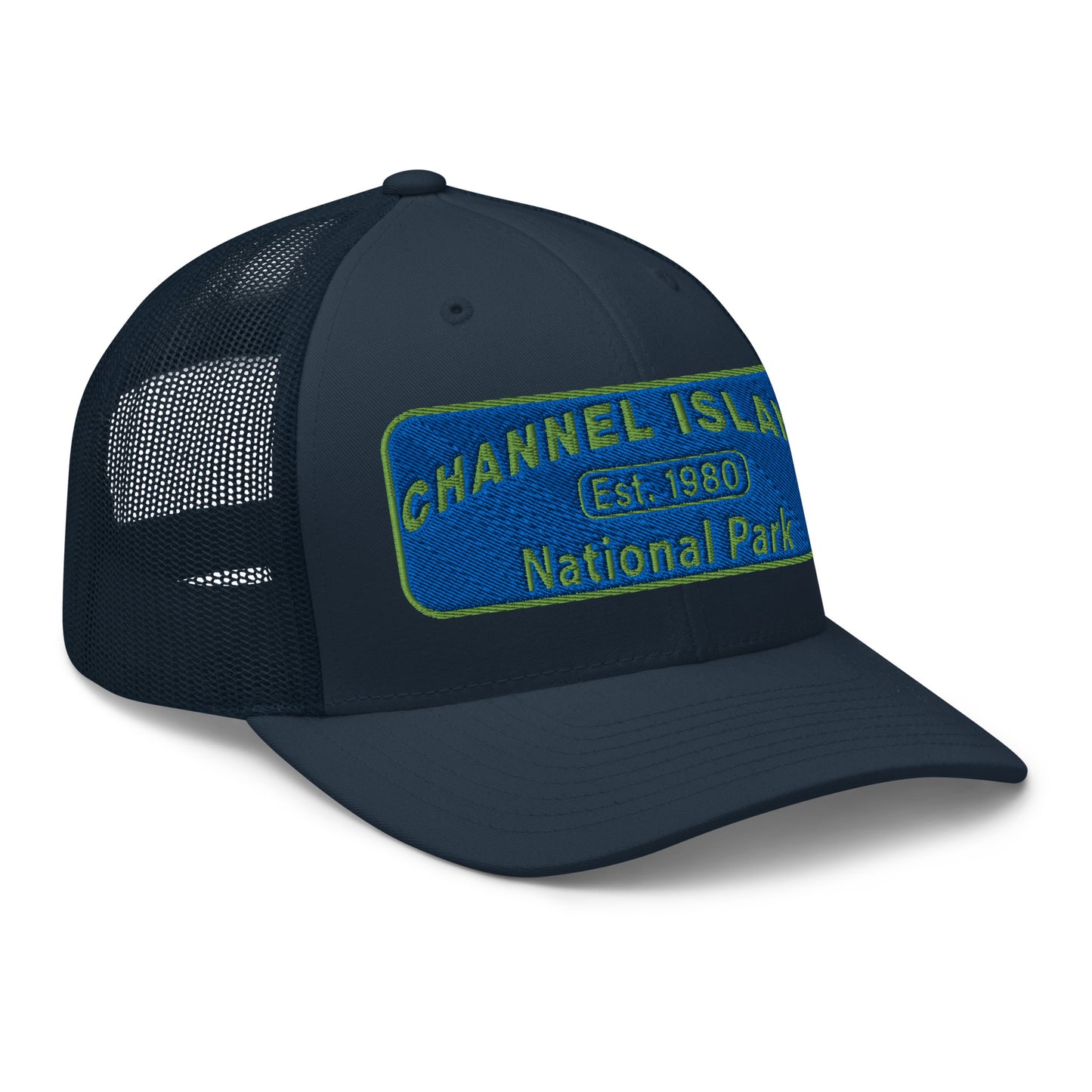 Channel Islands National Park Hat - Blue and Green Embroidered Patch on Front of hat - Yupoong 6606 Trucker Hat - Side View - Color: Navy