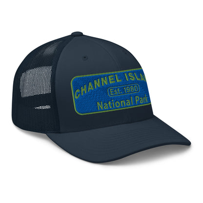 Channel Islands National Park Hat - Blue and Green Embroidered Patch on Front of hat - Yupoong 6606 Trucker Hat - Side View - Color: Navy