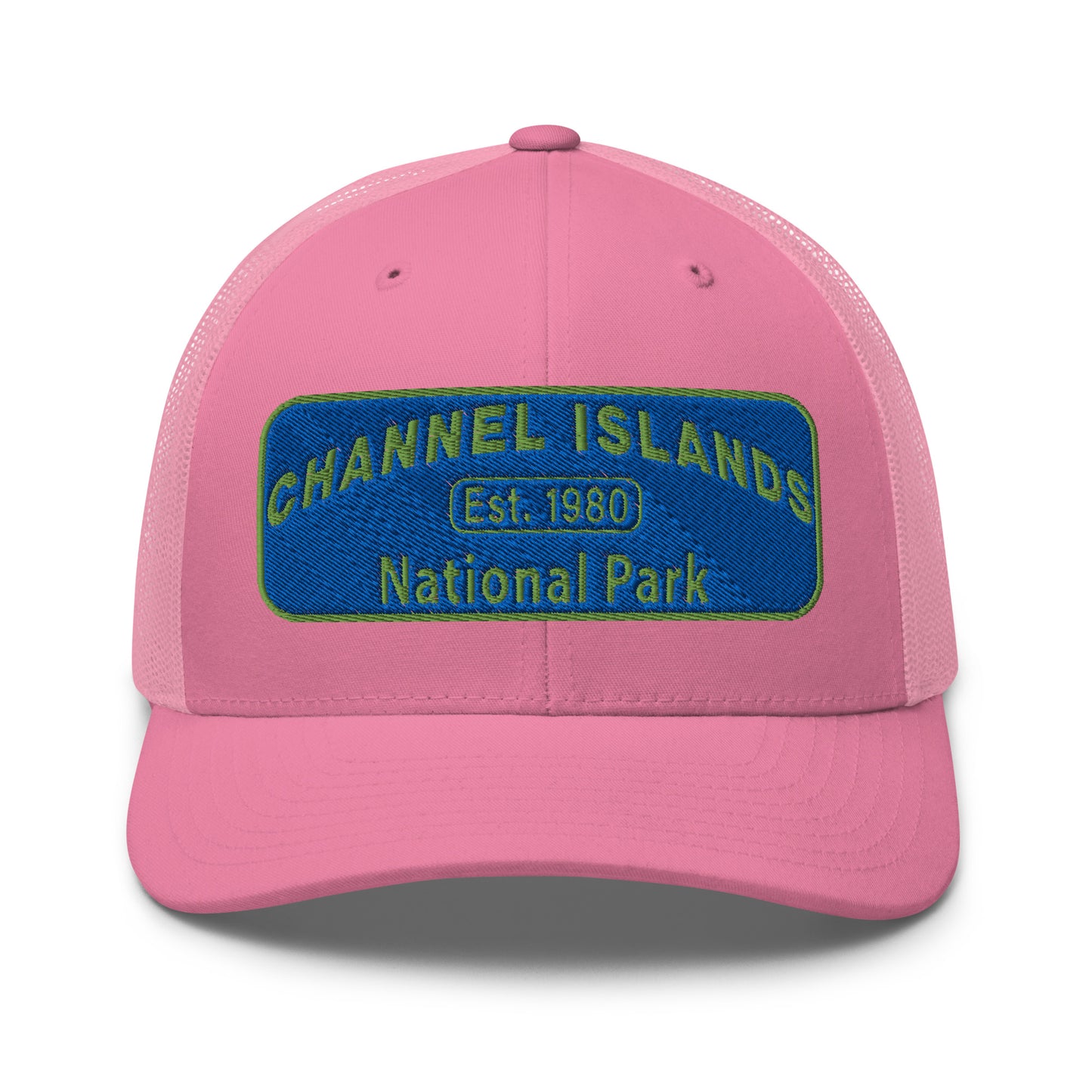 Channel Islands National Park Hat - Blue and Green Embroidered Patch on Front of hat - Yupoong 6606 Trucker Hat - Front View - Color: Navy