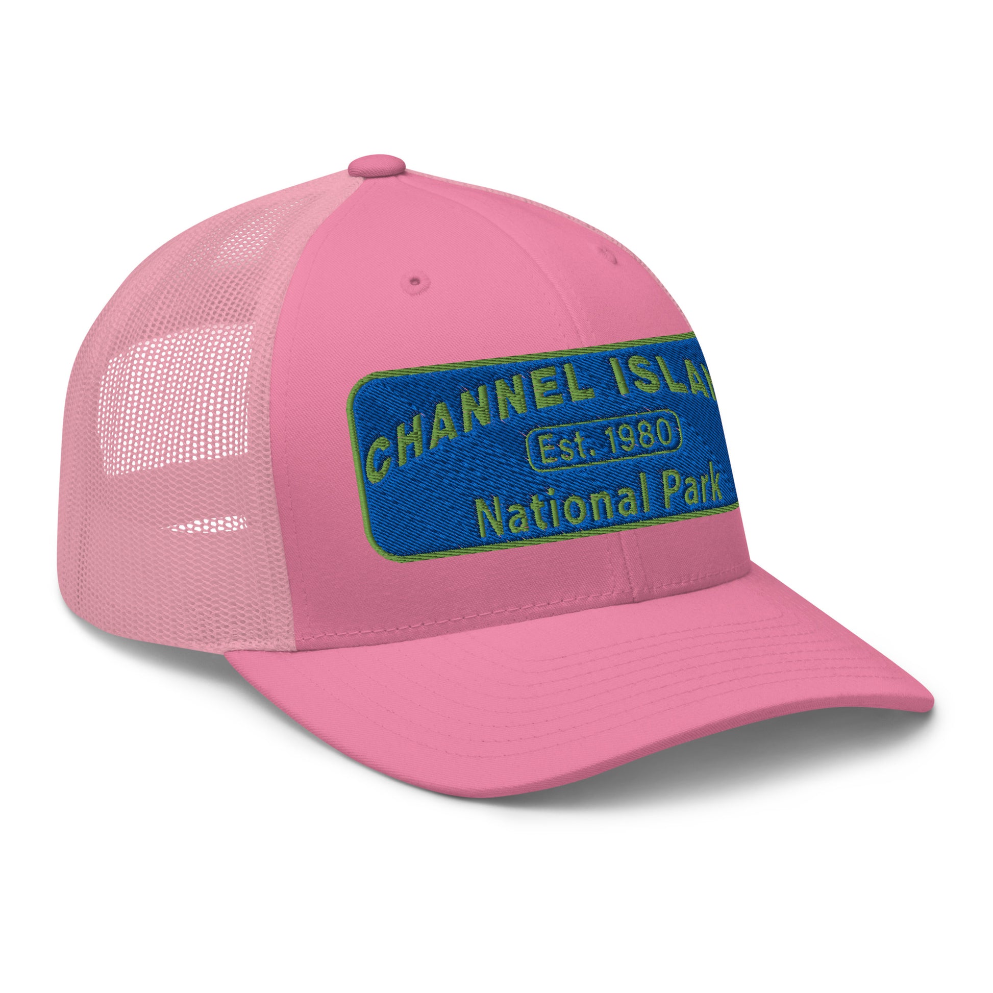 Channel Islands National Park Hat - Blue and Green Embroidered Patch on Front of hat - Yupoong 6606 Trucker Hat - Side View - Color: Pink