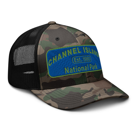 Channel Islands National Park Camo Hat - Blue and Green Embroidered Patch on Front of hat - Otto 105-1247 Trucker Hat - Side View - Color: Black/Camo