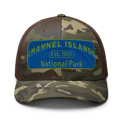 Channel Islands National Park Camo Hat - Blue and Green Embroidered Patch on Front of hat - Otto 105-1247 Trucker Hat - Front View - Color: Brown/Camo