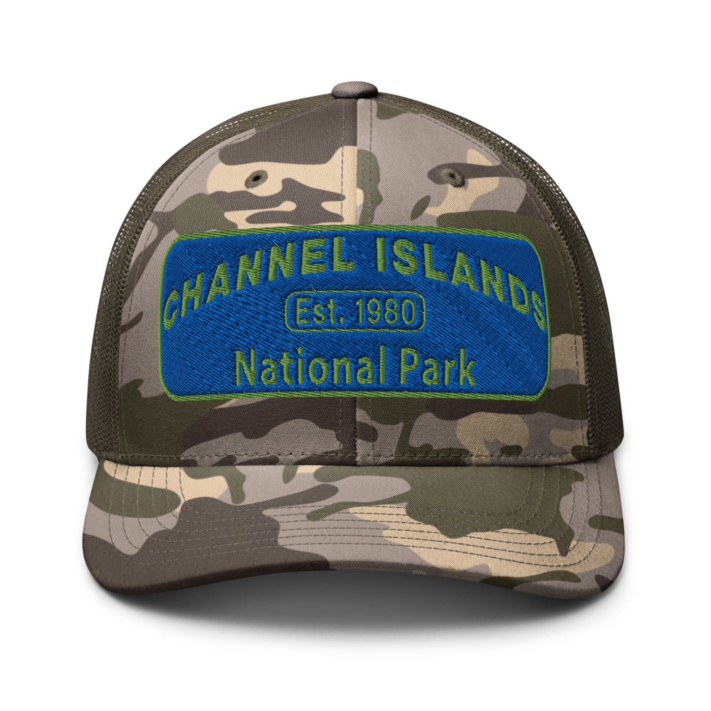 Channel Islands National Park Camo Hat - Blue and Green Embroidered Patch on Front of hat - Otto 105-1247 Trucker Hat - Front View - Color: Olive/Camo