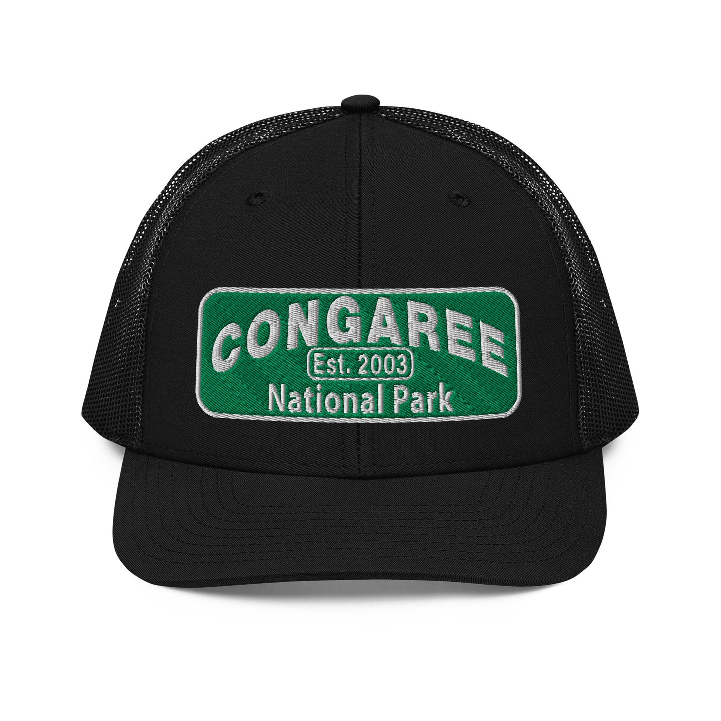 Congaree National Park Hat - Green and White Embroidery patch - Richardson 112 Trucker Hat - Front View - Color: Black