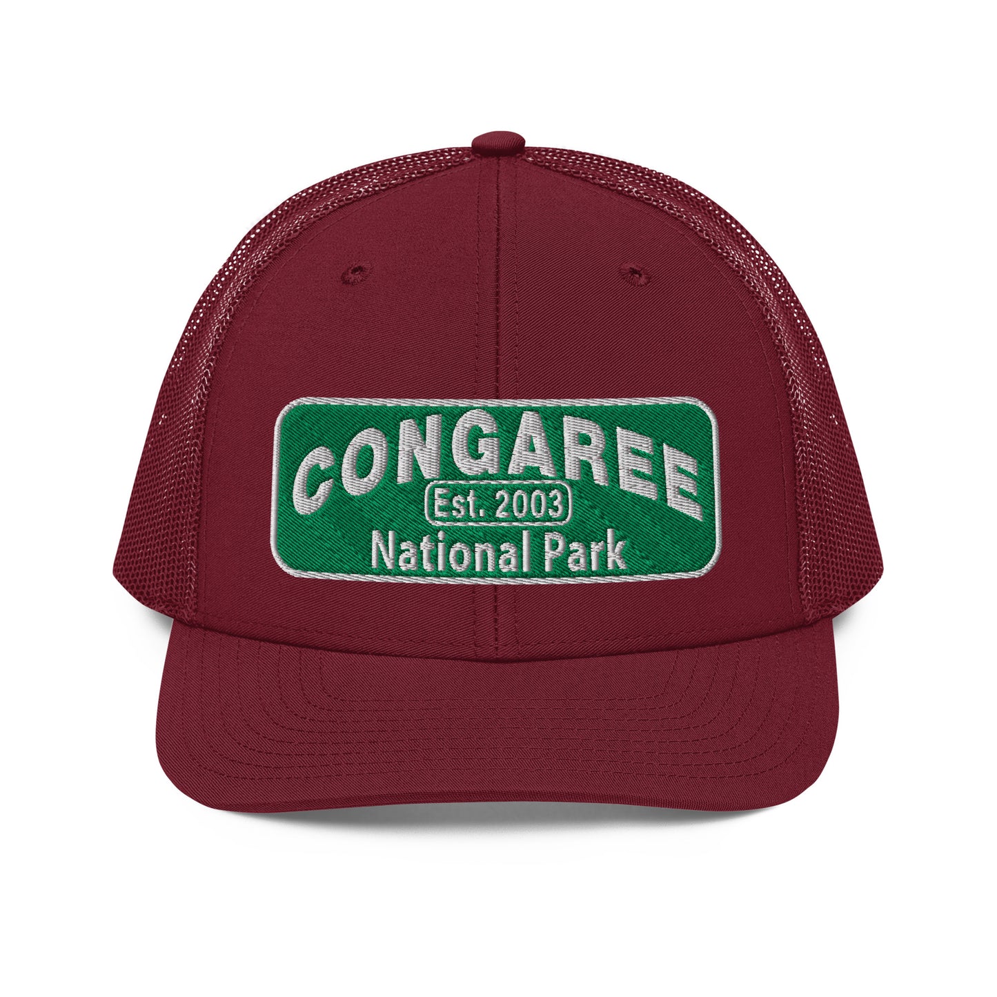Congaree National Park Hat - Green and White Embroidery patch - Richardson 112 Trucker Hat - Front View - Color: Cardinal
