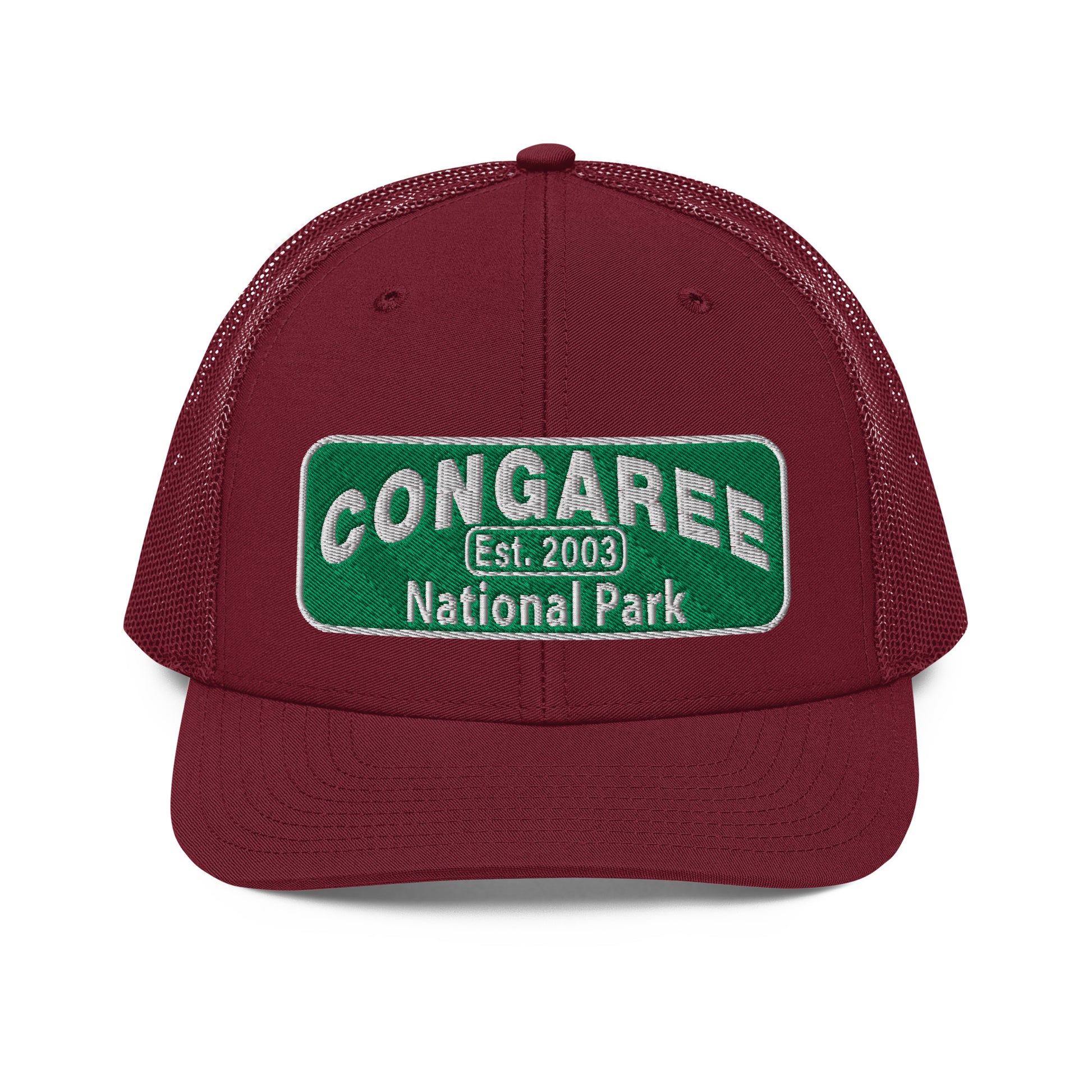 Congaree National Park Hat - Green and White Embroidery patch - Richardson 112 Trucker Hat - Front View - Color: Cardinal