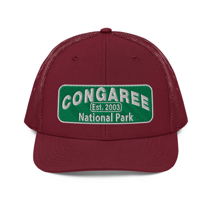Congaree National Park Hat - Green and White Embroidery patch - Richardson 112 Trucker Hat - Front View - Color: Cardinal
