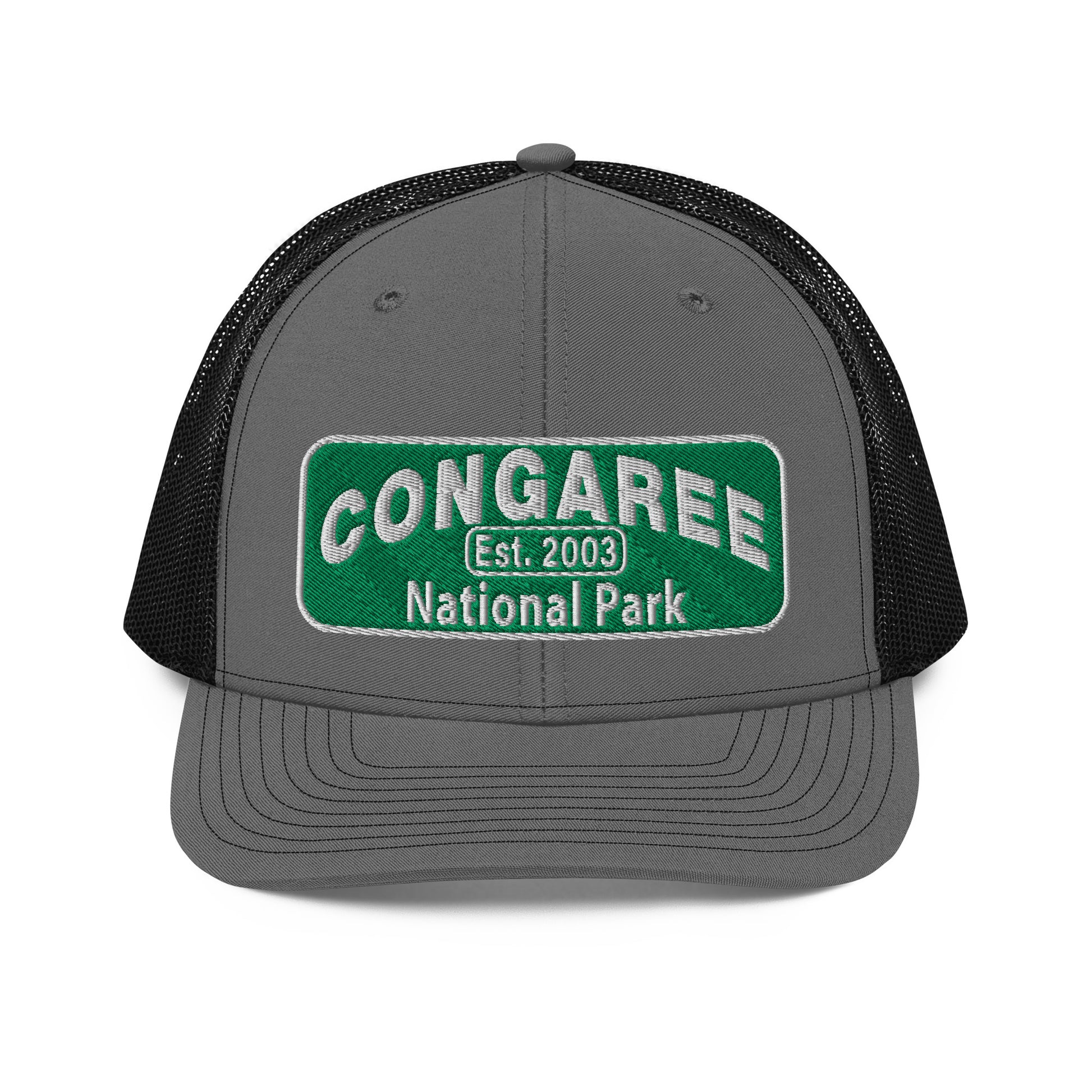 Congaree National Park Camo Hat - Green and White Embroidery patch - Richardson 112 Trucker Hat - Front View - Color: Charcoal/Black