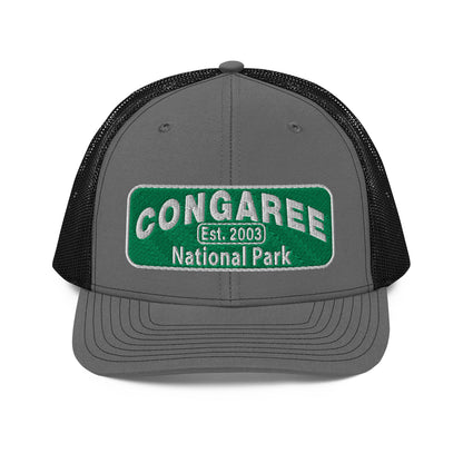Congaree National Park Camo Hat - Green and White Embroidery patch - Richardson 112 Trucker Hat - Front View - Color: Charcoal/Black