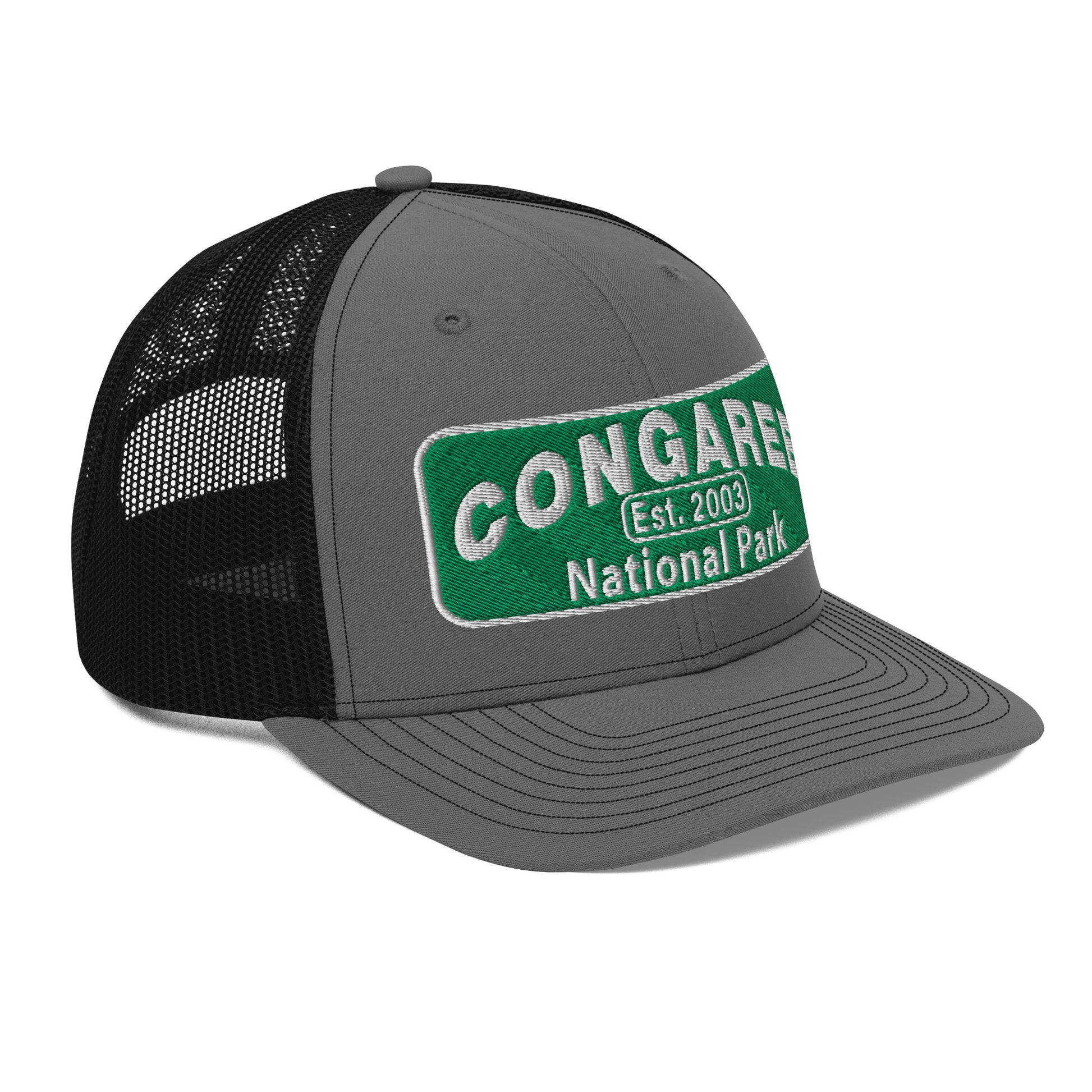 Congaree National Park Hat - Green and White Embroidery patch - Richardson 112 Trucker Hat - Side View - Color: Charcoal/Black