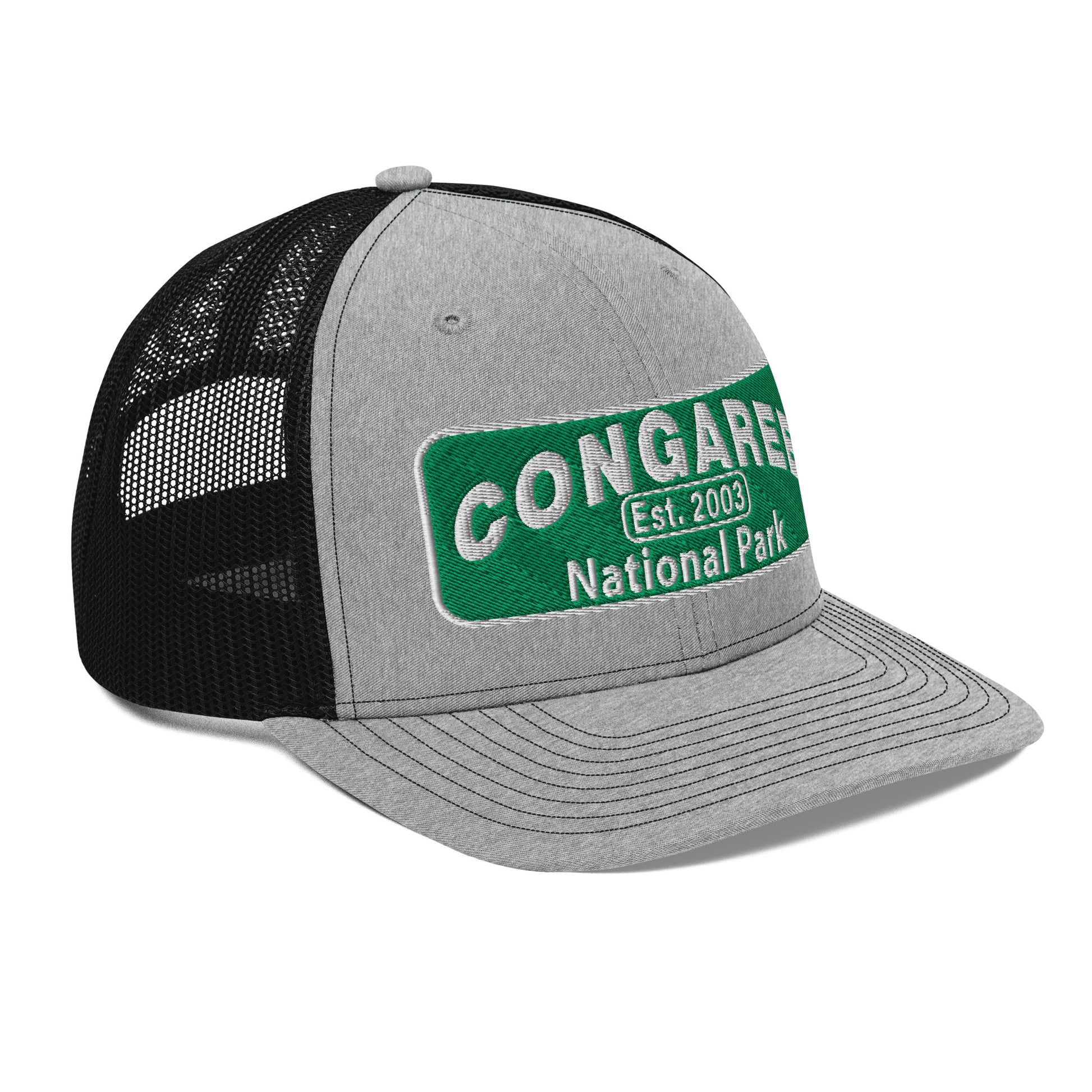 Congaree National Park Hat - Green and White Embroidery patch - Richardson 112 Trucker Hat - Side View - Color: Heather/Black