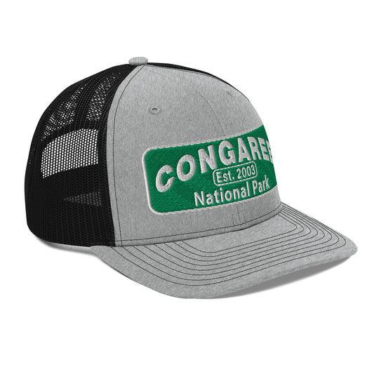 Congaree National Park Hat - Green and White Embroidery patch - Richardson 112 Trucker Hat - Side View - Color: Heather/Black