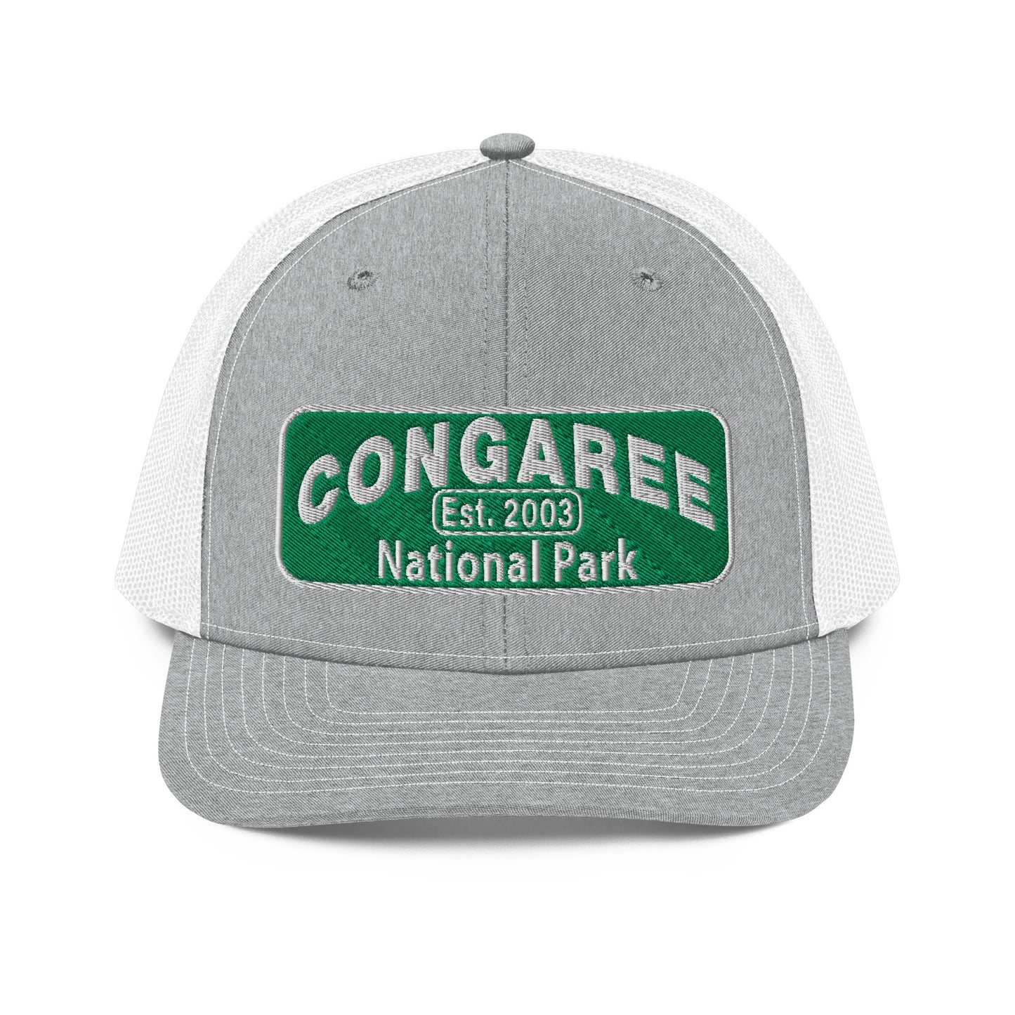 Congaree National Park Hat - Green and White Embroidery patch - Richardson 112 Trucker Hat - Side View - Color: White/Black