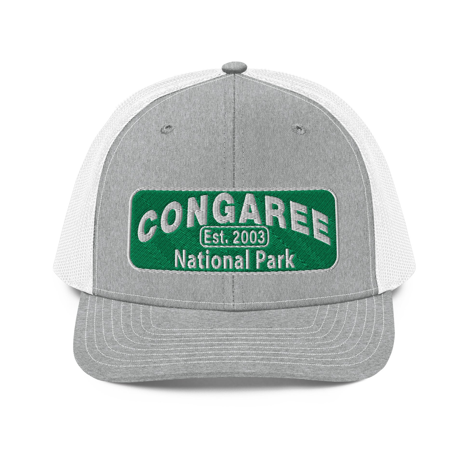 Congaree National Park Hat - Green and White Embroidery patch - Richardson 112 Trucker Hat - Side View - Color: White/Black