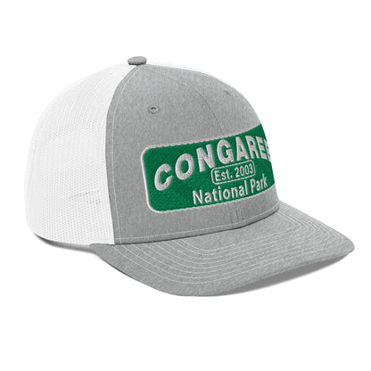 Congaree National Park Hat - Green and White Embroidery patch - Richardson 112 Trucker Hat - Side View - Color: Heather/White
