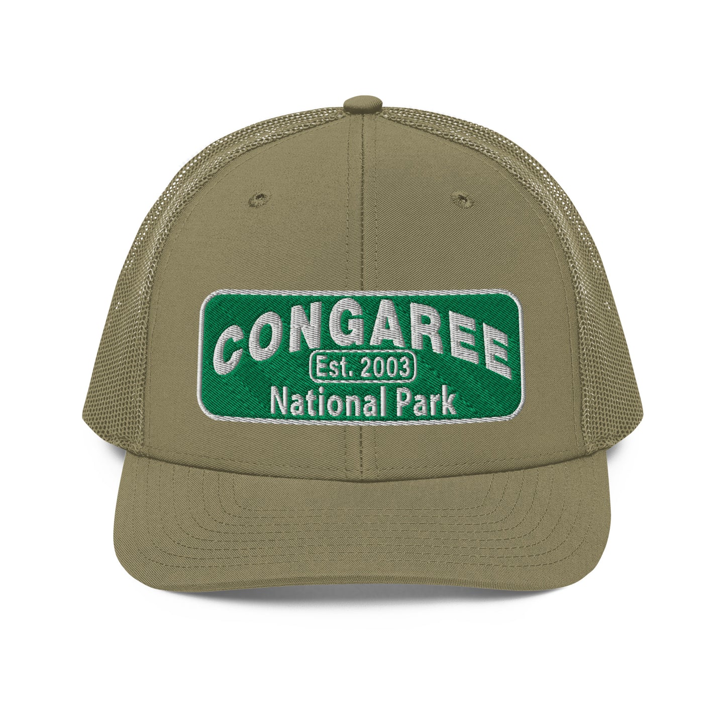 Congaree National Park Hat - Green and White Embroidery patch - Richardson 112 Trucker Hat - Front View - Color: Loden