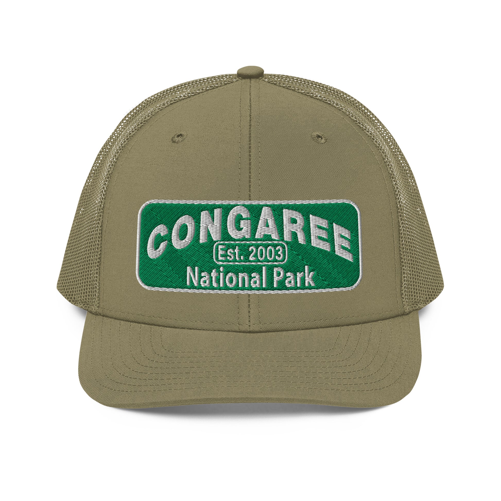 Congaree National Park Hat - Green and White Embroidery patch - Richardson 112 Trucker Hat - Front View - Color: Loden