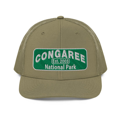 Congaree National Park Hat - Green and White Embroidery patch - Richardson 112 Trucker Hat - Front View - Color: Loden