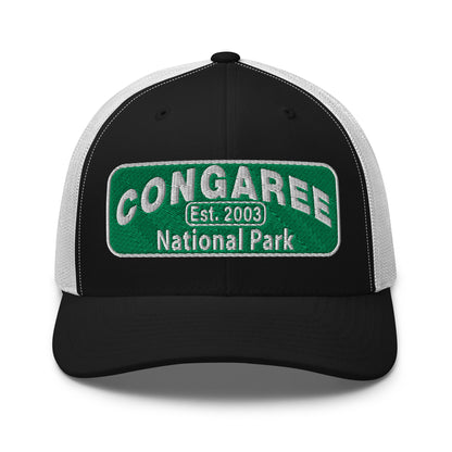 Congaree National Park Hat - Green and White Embroidery patch - Yupoong 6606 Trucker Hat - Front View - Color: Orange/Khaki