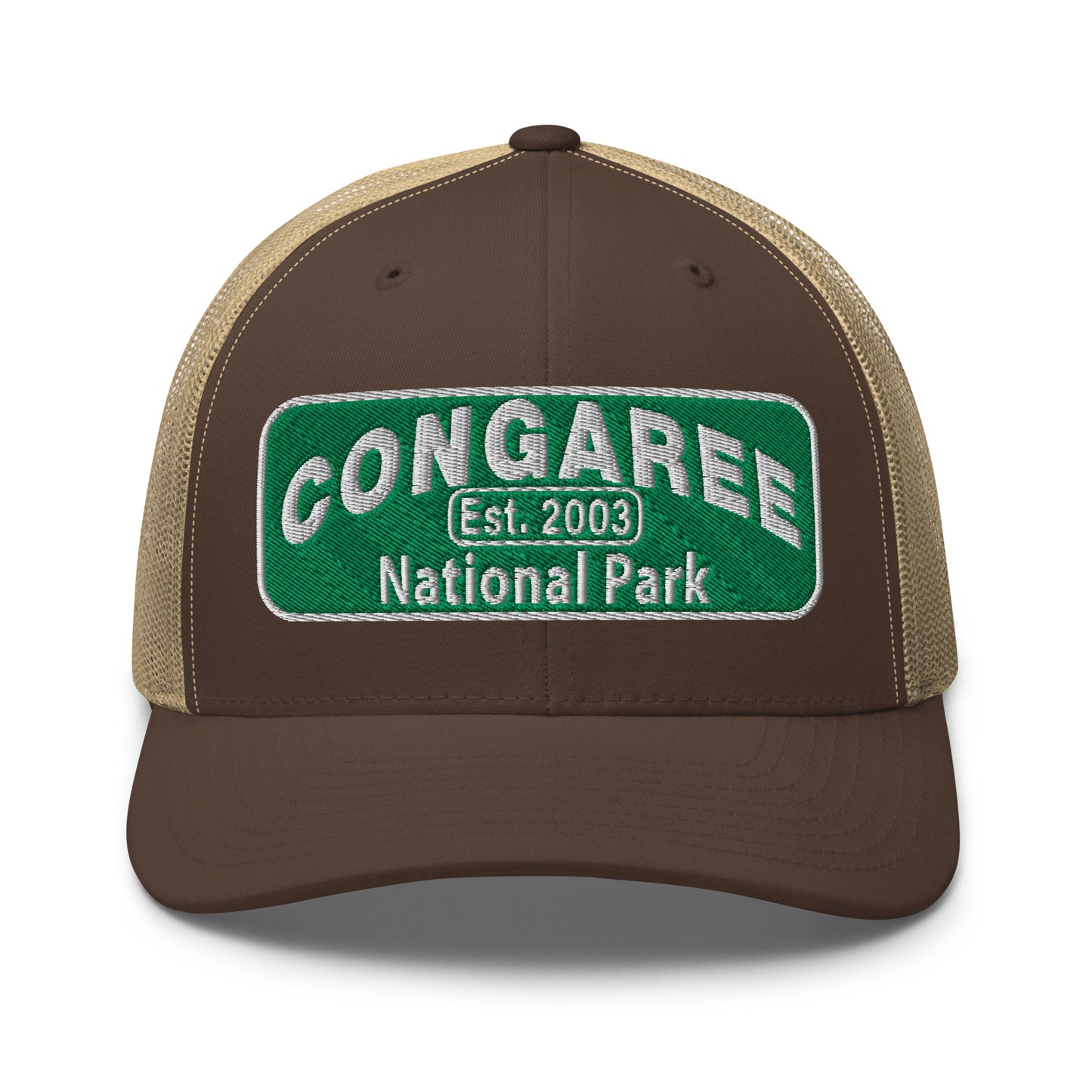 Congaree National Park Hat - Green and White Embroidery patch - Yupoong 6606 Trucker Hat - Side View - Color: Brown/Khaki
