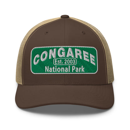 Congaree National Park Hat - Green and White Embroidery patch - Yupoong 6606 Trucker Hat - Side View - Color: Brown/Khaki