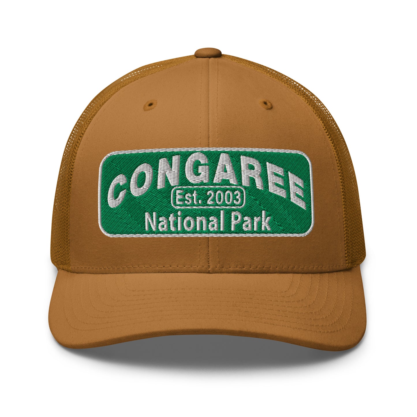 Congaree National Park Hat - Green and White Embroidery patch - Yupoong 6606 Trucker Hat - Front View - Color: Caramel