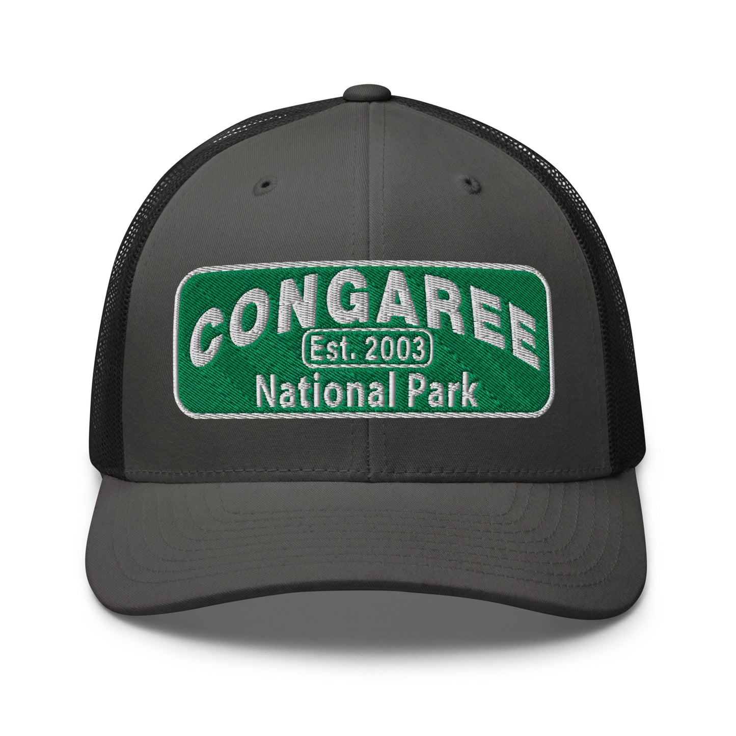 Congaree National Park Hat - Green and White Embroidery patch - Yupoong 6606 Trucker Hat - Front View - Color: Charcoal/Black