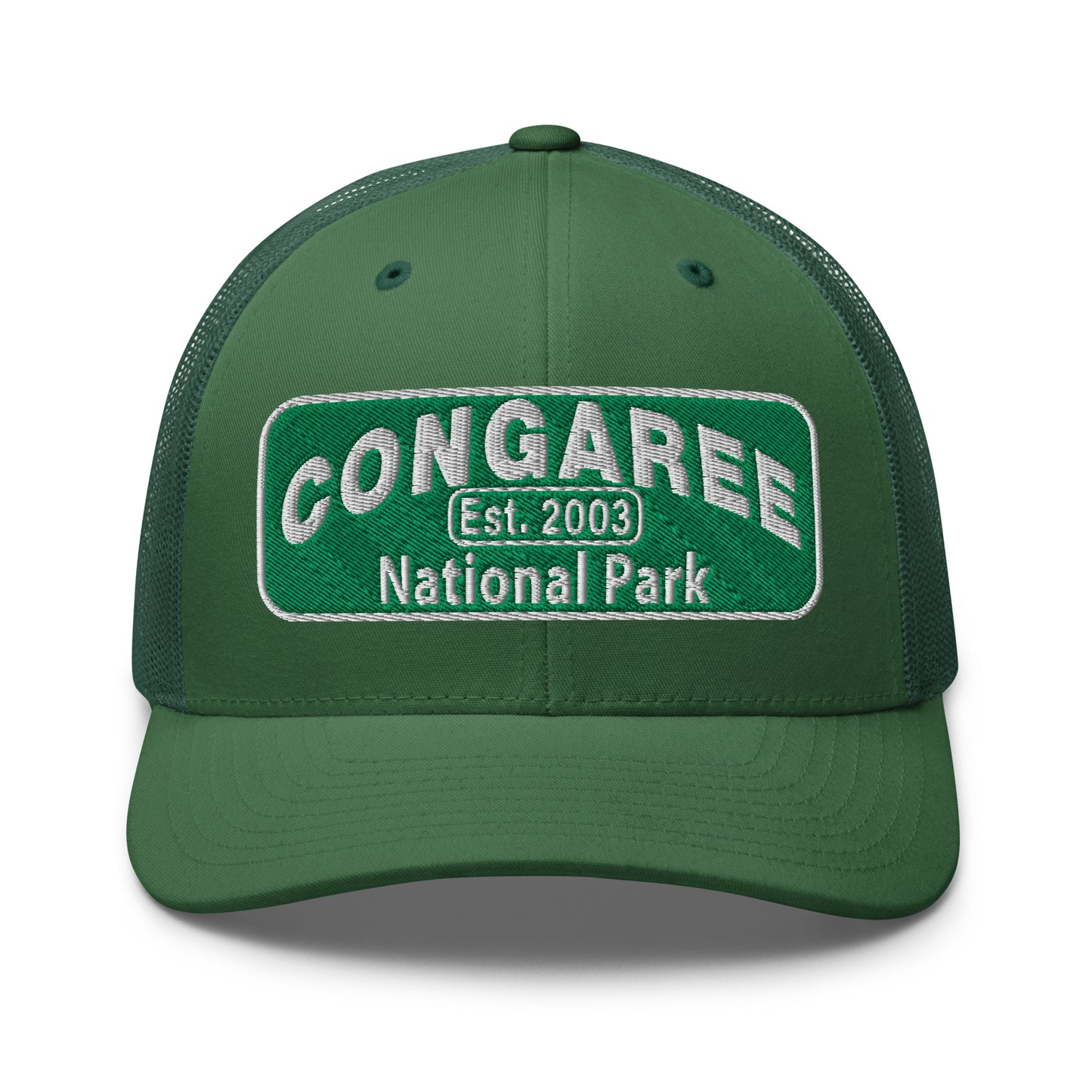Congaree National Park Hat - Green and White Embroidery patch - Yupoong 6606 Trucker Hat - Front View - Color: Evergreen