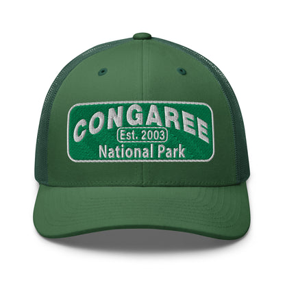 Congaree National Park Hat - Green and White Embroidery patch - Yupoong 6606 Trucker Hat - Front View - Color: Evergreen
