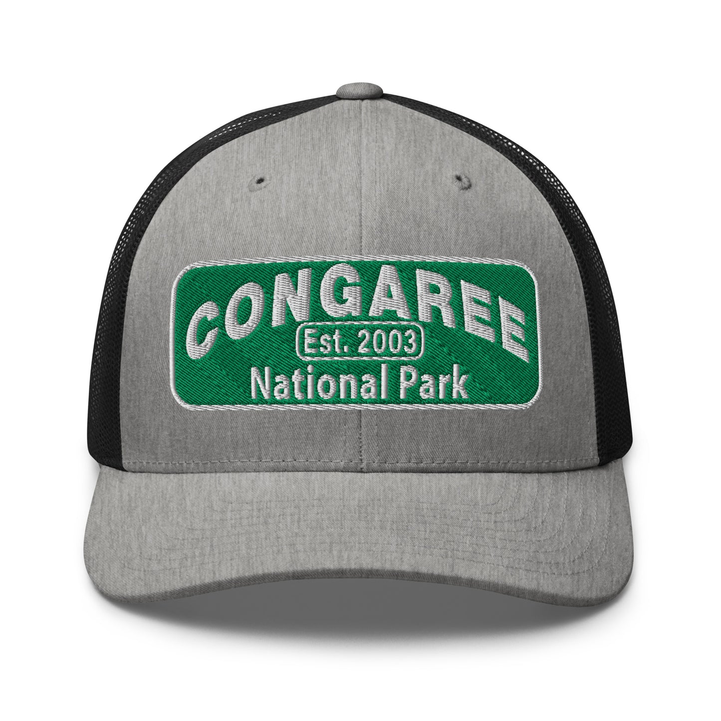 Congaree National Park Hat - Green and White Embroidery patch - Yupoong 6606 Trucker Hat - Front View - Color: Heather/Black