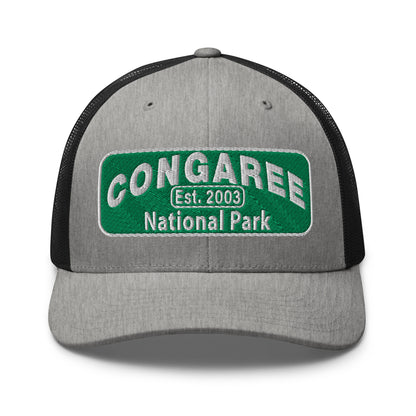 Congaree National Park Hat - Green and White Embroidery patch - Yupoong 6606 Trucker Hat - Front View - Color: Heather/Black