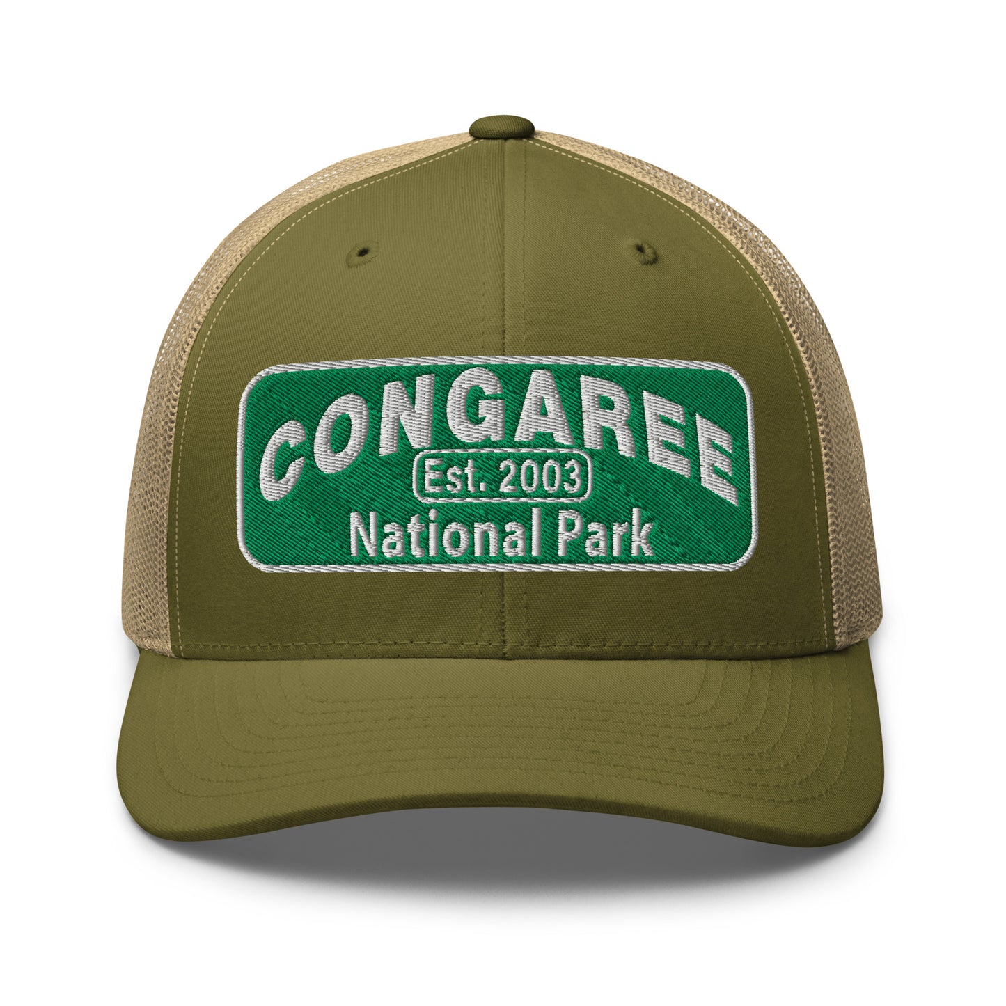 Congaree National Park Hat - Green and White Embroidery patch - Yupoong 6606 Trucker Hat - Front View - Color: Moss Green/Khaki