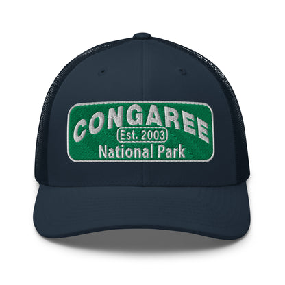 Congaree National Park Hat - Green and White Embroidery patch - Yupoong 6606 Trucker Hat - Front View - Color: Navy