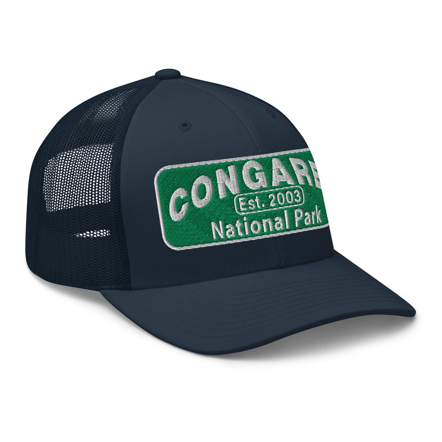 Congaree National Park Hat - Green and White Embroidery patch - Yupoong 6606 Trucker Hat - Side View - Color: Navy